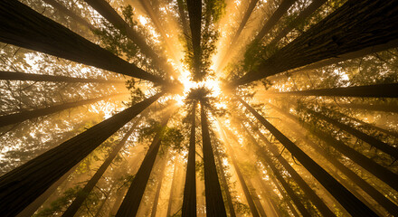 Sunbeams piercing through tall trees in a lush forest, magical light