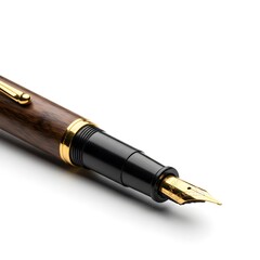 Close-up of a stylish pen with a golden nib, featuring a wooden and black body on a white background.