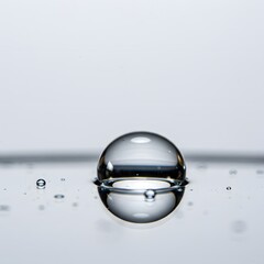 A perfectly formed water droplet levitating on a clear liquid surface, reflecting light in a clean setting.