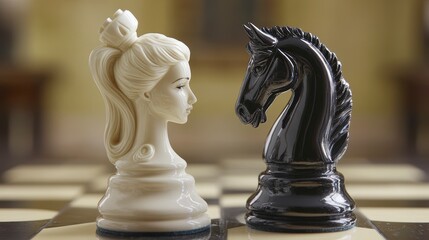 Close-up of white queen and black knight chess pieces facing each other on a board.