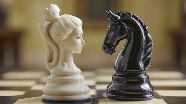 Close-up of white queen and black knight chess pieces facing each other on a board.