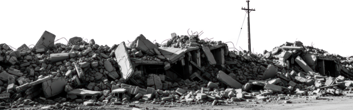 Large pile of rubble and debris from destroyed building with exposed rebar and a utility pole transparent background