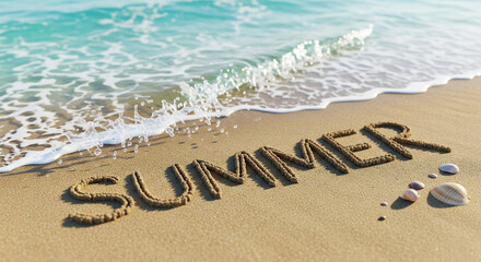 Fototapeta premium SUMMER written on sandy beach with seashells and waves
