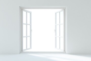 Bright, open window frames inviting light into minimalist white