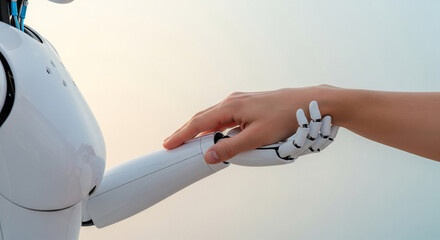 Female AI robot hand gently supporting a human hand
