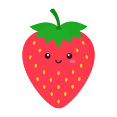Fototapeta premium Adorable kawaii strawberry character with a sweet smiling face, blushing cheeks, and green leaves.