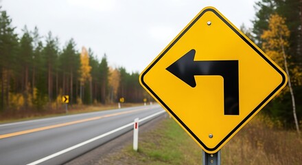 Yellow Turn Ahead Sign Along Rural Roadside Navigating the Curve in the Countryside