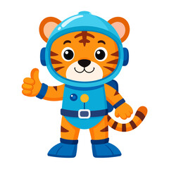 Cute cartoon tiger astronaut in a blue spacesuit giving a thumbs up gesture.