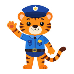 Obraz premium Friendly cartoon tiger character in a blue police officer uniform, standing and waving its paw with a cute smile.