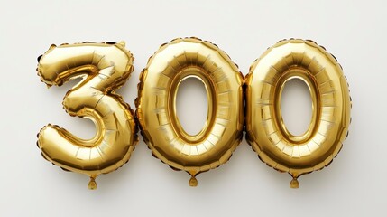 Gold foil balloons forming the number 300 on a white background.