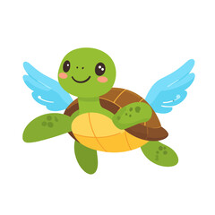 Fototapeta premium A cute cartoon green turtle with a brown shell and small blue wings, smiling happily.