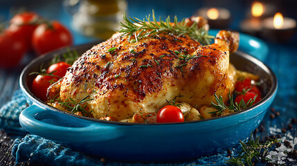 Roasted chicken centerpiece with herbs and tomatoes presented in a blue cast iron skillet creates a festive dining scene.