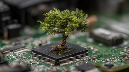A small tree grows on a black microchip, atop a green circuit board. Shows the connection between nature and technology, a green future.