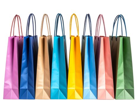 “Set of Multicolor Paper Shopping Bags Standing Upright, isolated on transparent background”. - Powered by Adobe