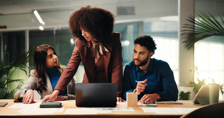 Collaboration, feedback and laptop with business people in office for education or training....