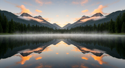 Mountain lake at sunrise with misty reflections, serene and atmospheric