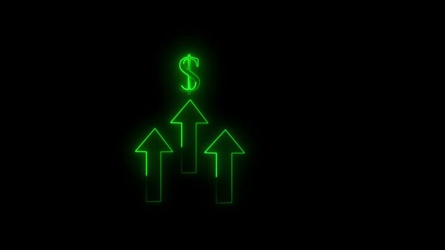 Abstract neon arrow dolar loading icon and uploading animation. Neon arrow showing the direction up on background. 4k video black background