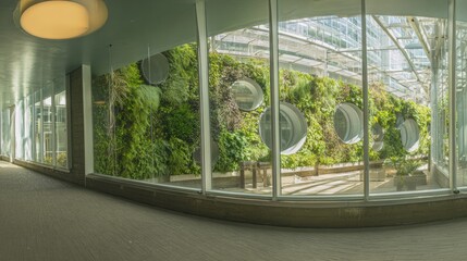 A captivating indoor view through a modern window reveals an empty room with a tree and the vast sky beyond, blending interior design with the outside world