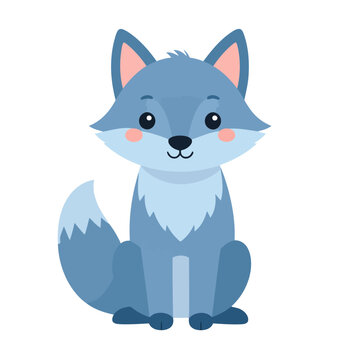 Adorable blue cartoon wolf sitting down. Cute flat vector illustration of a friendly forest animal with pink cheeks.