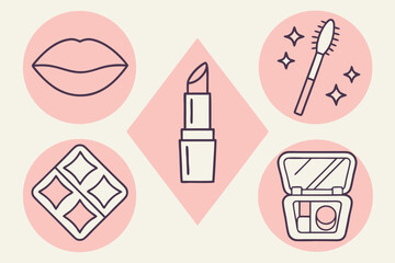 Pink and cream makeup icons with purple outlines beauty