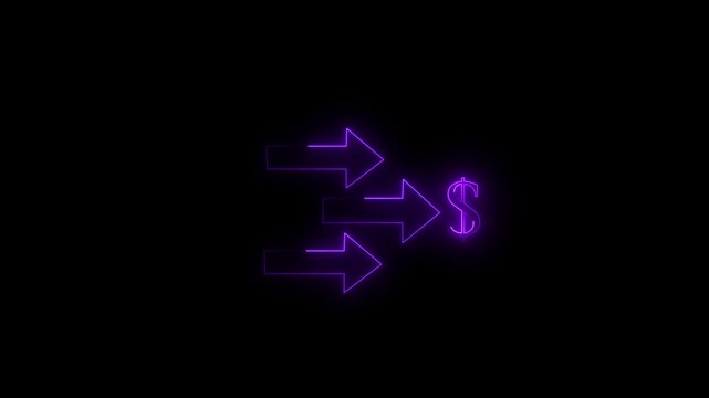 Abstract neon arrow dolar loading icon and uploading animation. Neon arrow showing right thedirection on background. 4k video black background