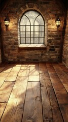 Interior room with window, aged brick walls, lanterns, & wood floors