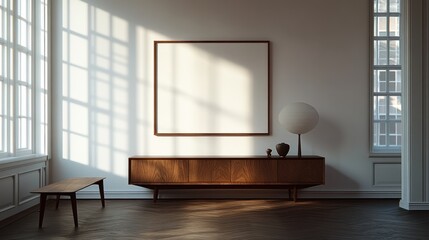 Modern interior scene with wooden furniture and a blank frame.