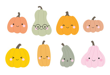 Cute pumpkin cartoon with faces in pastel color vector illustration set.