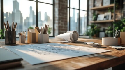 Architect's workspace with blueprints, pencils, and city view from the window