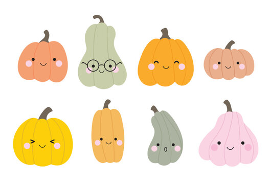 Cute pumpkin cartoon with faces in pastel color vector illustration set.