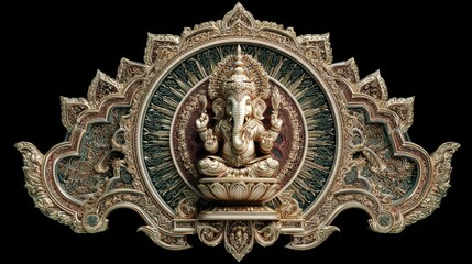 Intricate Wooden Sculpture of Ganesha Surrounded by Decorative Motifs