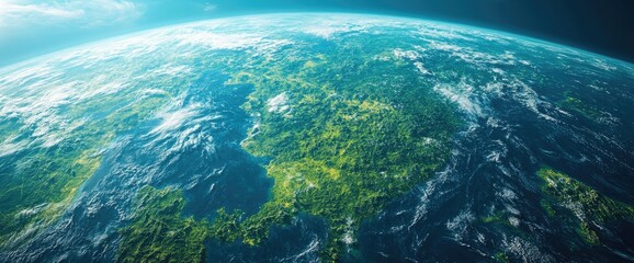 A view of earth from space displaying the continents, oceans, and sunlit atmosphere.