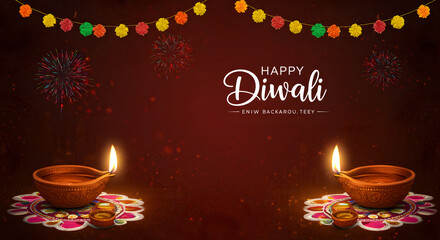 Festive Brown Diwali Lamps with Flowers and Fireworks