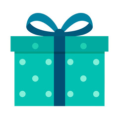 A festive teal gift box with light polka dots, wrapped with a dark blue ribbon and a large bow.
