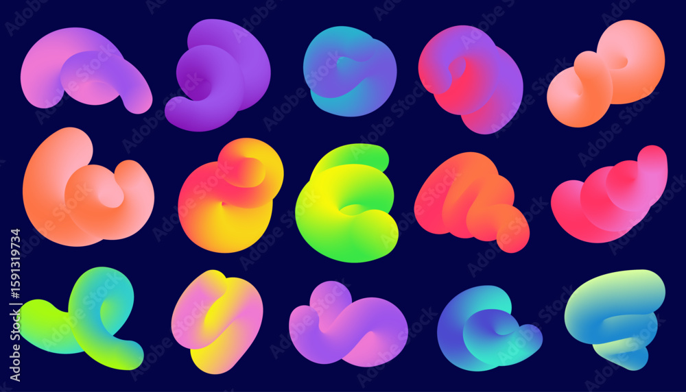 Poster gradient abstract colored shapes on dark background. liquid 3d vector elements. fluid wavy and swirl