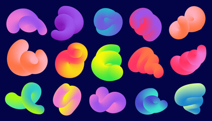 Gradient abstract colored shapes on dark background. Liquid 3d vector elements. Fluid wavy and swirl spirals. Dynamic trendy bright squiggles set with soft gradation for poster design
