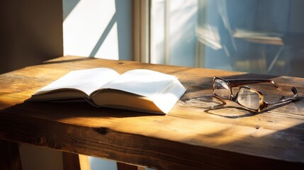 Open book and eyeglasses on a wooden table in sunlight.