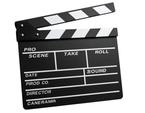 Front View of Classic Movie Clapper Board, Closed Position, Isolated on Transparent Background