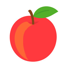 Vibrant red peach illustration with an orange blush, green leaf, and stem.