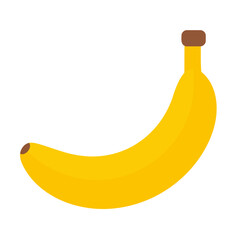 Simple flat design illustration of a single ripe yellow banana with a curved shape and brown stem.
