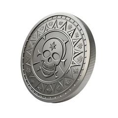 3D render of metallic stainless steel pirate coin with clean crisp edges isolated on transparent background

