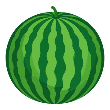 A vibrant cartoon illustration of a whole, round watermelon with a distinctive green striped rind and a small stem.