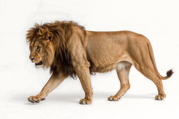 Obraz premium A majestic lion walking gracefully across a white background in a studio setting with soft lighting