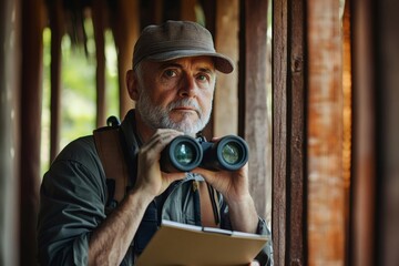 Experienced zoologist exploring wildlife using binoculars in wooden observatory