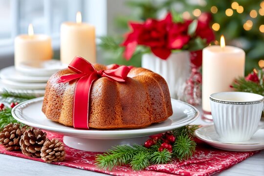 Christmas bundt cake with red ribbon on festive table setting