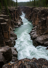 Powerful waterfall cascading into a rocky river, dynamic nature scene
