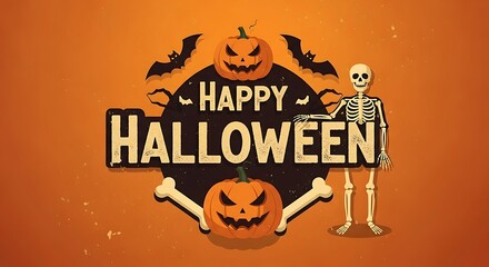 Festive Halloween Banner with Pumpkins, Bats, and Skeletons for a Spooky Holiday Celebration