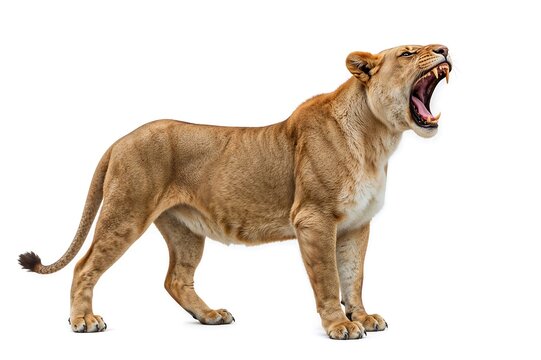 A lioness roaring loudly with her mouth wide open on a plain white background in a studio setting