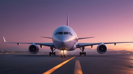 Fototapeta na wymiar Airplane flying over runway under clear sky at airport