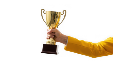 Hand in yellow jacket holding golden trophy isolated on transparent background